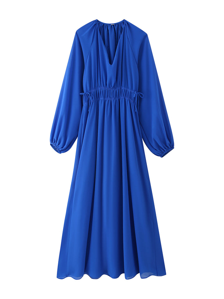 Maxi dress for women with an elegant draped effect and feminine ruffles Lune London