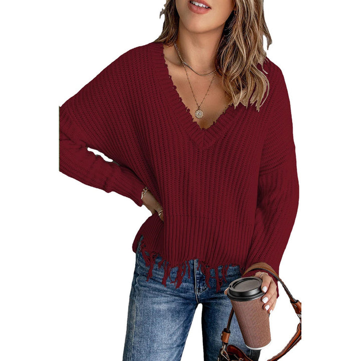 Women Casual Knit Sweater with V-neck and Fringed Hem Lune London