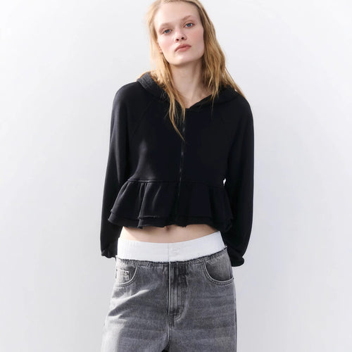 Cropped hoodie for women with a playful ruffle design Lune London