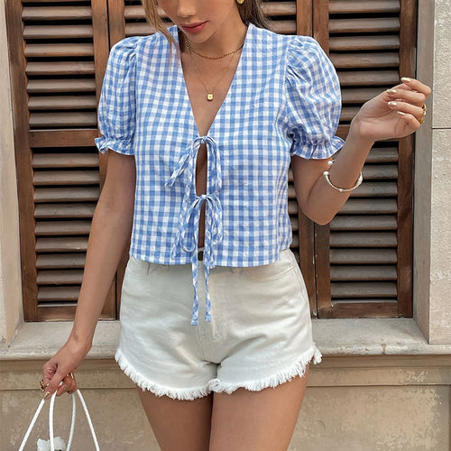 Short checkered top with puff sleeves for women with tie detail Lune London