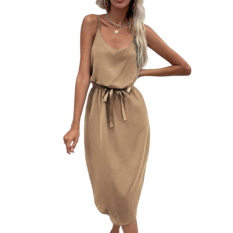 Mid-length dress with adjustable spaghetti straps for women with tied belt Lune London