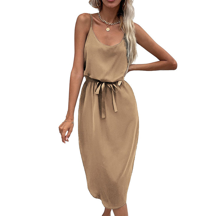 Mid-length dress with adjustable spaghetti straps for women with tied belt Lune London