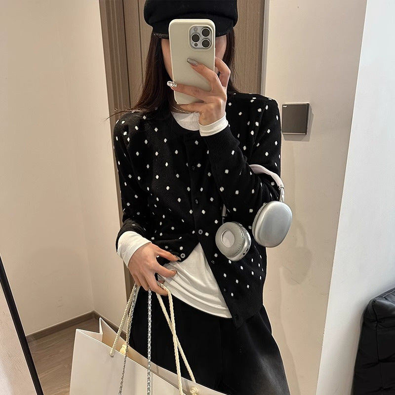 Women's cardigan with modern dots and fine button placket