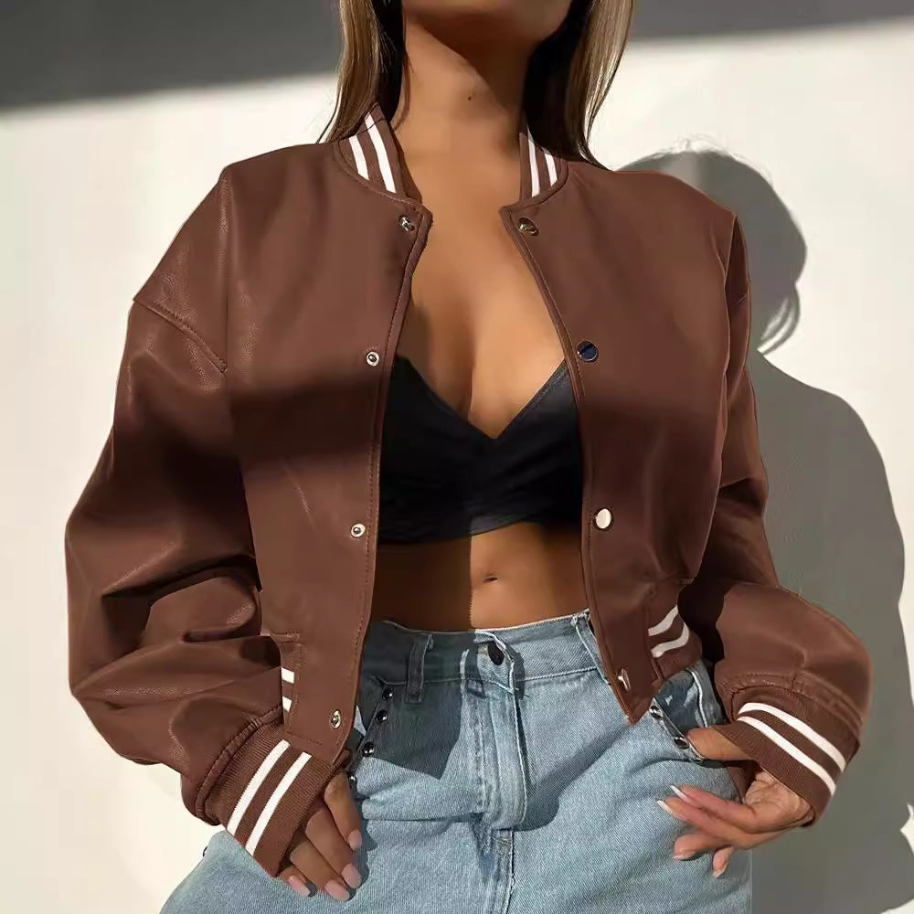 Ladies sporty leather jacket with striped collar Lune London