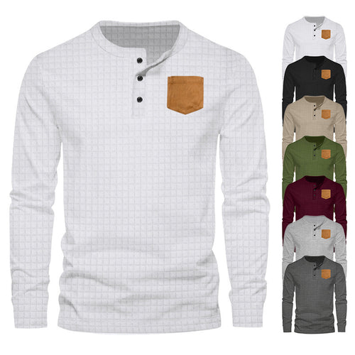 Men's Long Sleeve Henley T-Shirt with Textured Design and Contrasting Chest Pocket Lune London