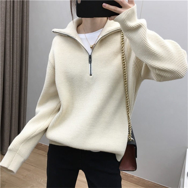 Knit sweater for women with high collar and half-zip Lune London
