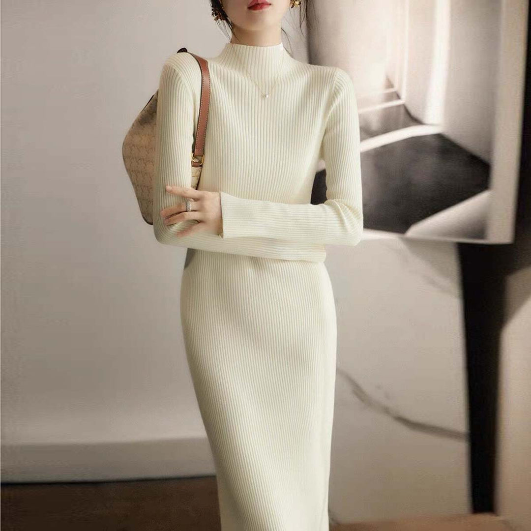 Knitted dress for women with high collar and ribbed structure Lune London
