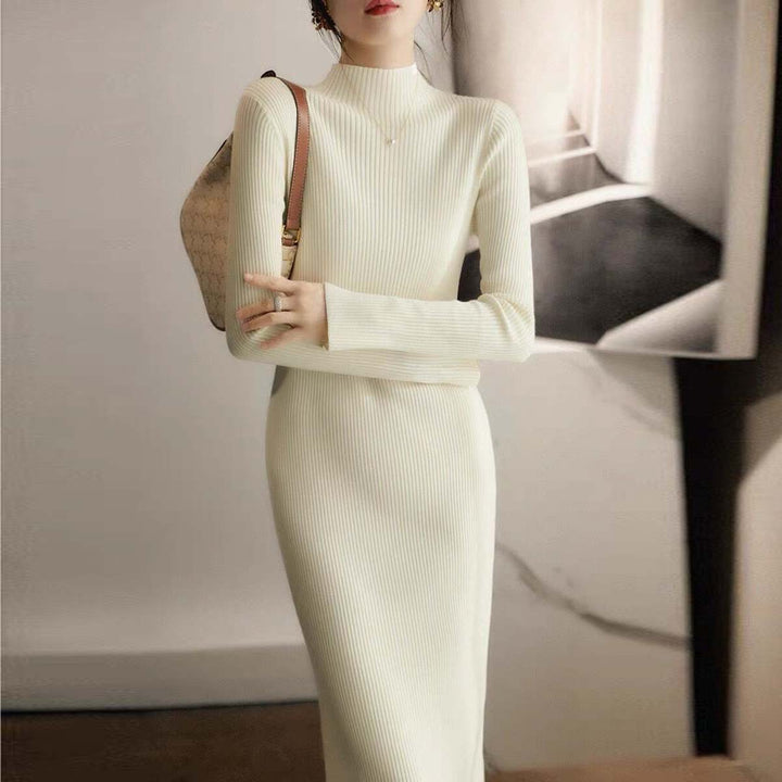 Knitted dress for women with high collar and ribbed structure Lune London