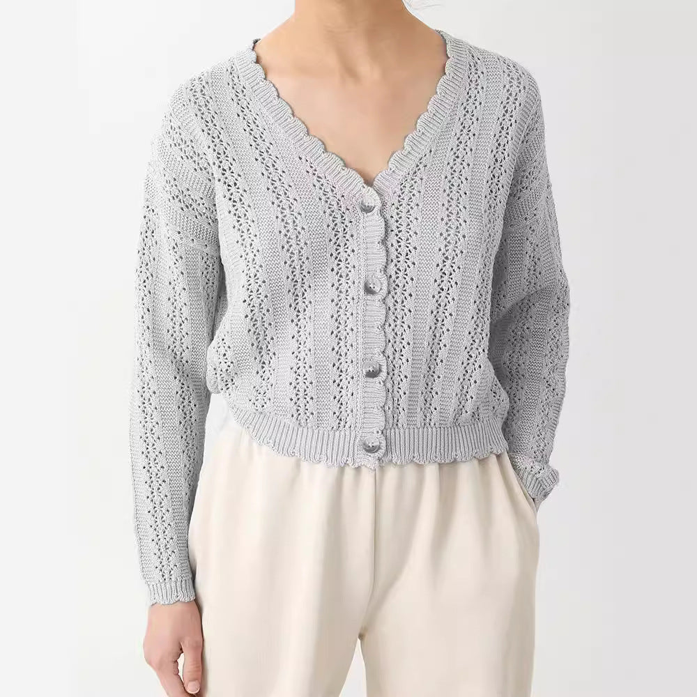Knitted cardigan for women with feminine ruffles and button details Lune London
