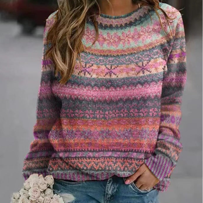 Women's Knit Sweater with Colorful Norwegian Pattern and Round Neck Chic Und Stil