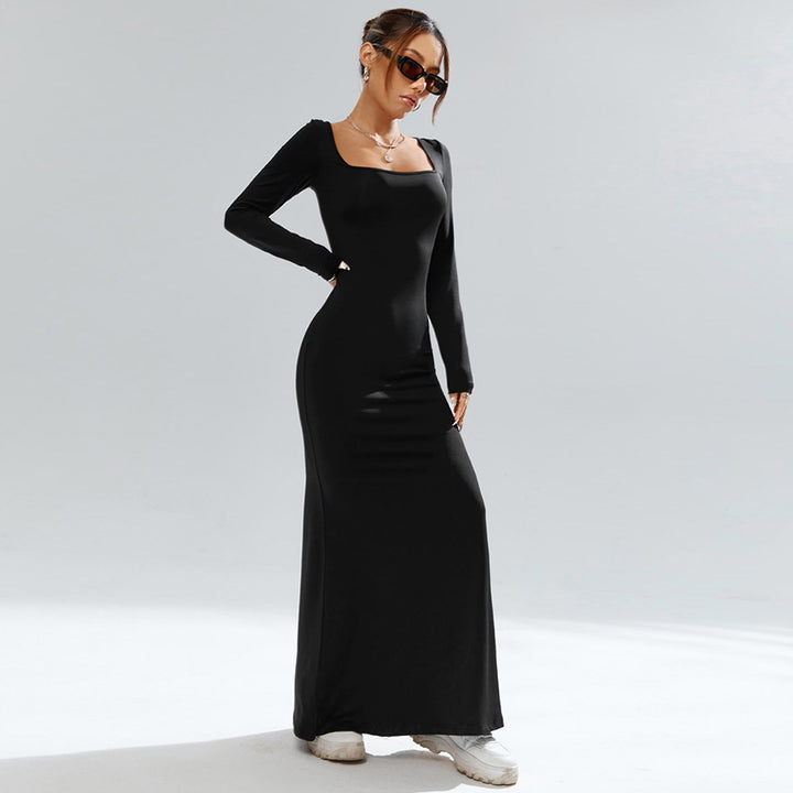 Elegant maxi dress for women with an unusual square neckline and a flattering silhouette