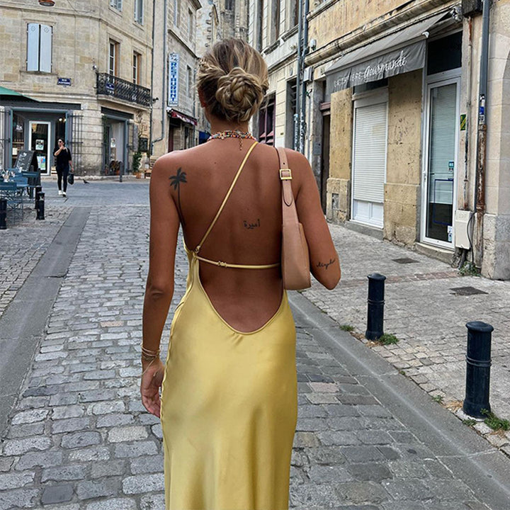Maxi dress for ladies with asymmetric neckline and high slit Lune London