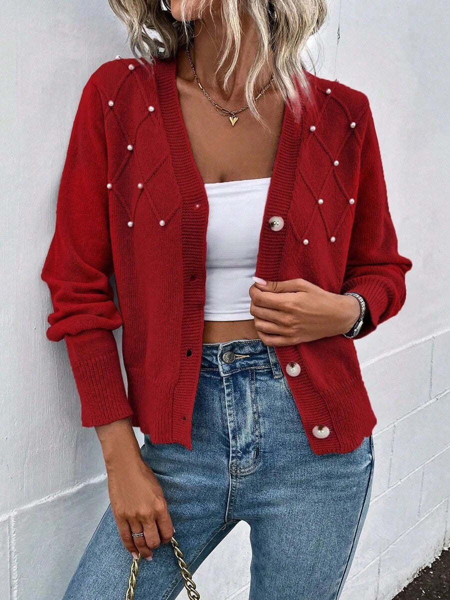 Women's knit jacket with pearl ornament and V-neck Lune London