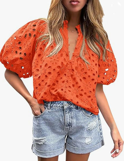 Ladies eyelet blouse with puff sleeves Lune London