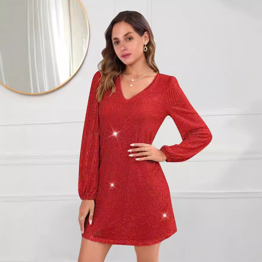 Sparkling tiny dress for women with V-neck and long sleeves Lune London