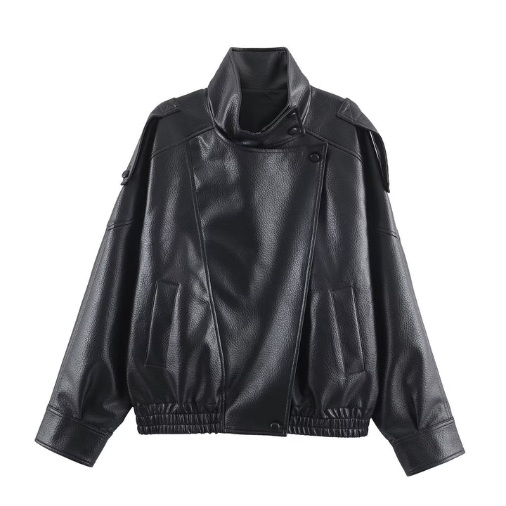 Synthetic leather jacket for women with a modern design featuring a high collar and practical pockets Lune London