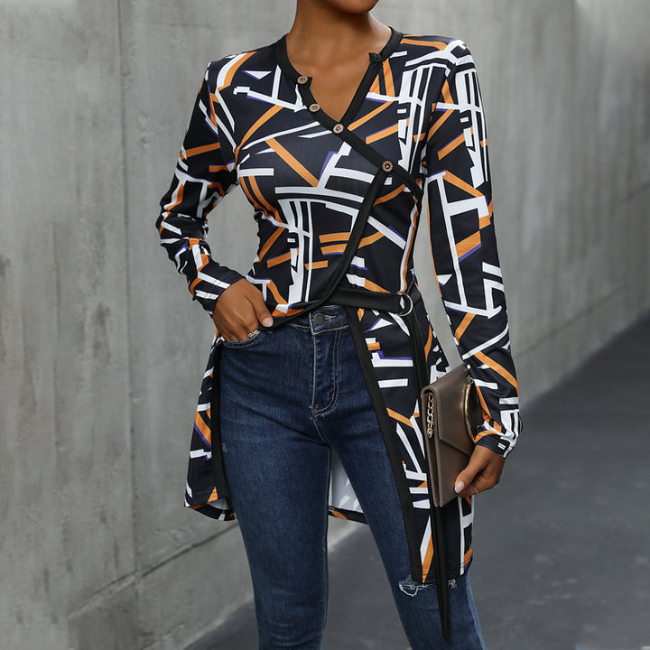 Long blouse with sleeves for women with geometric design and buttoned plastron Lune London
