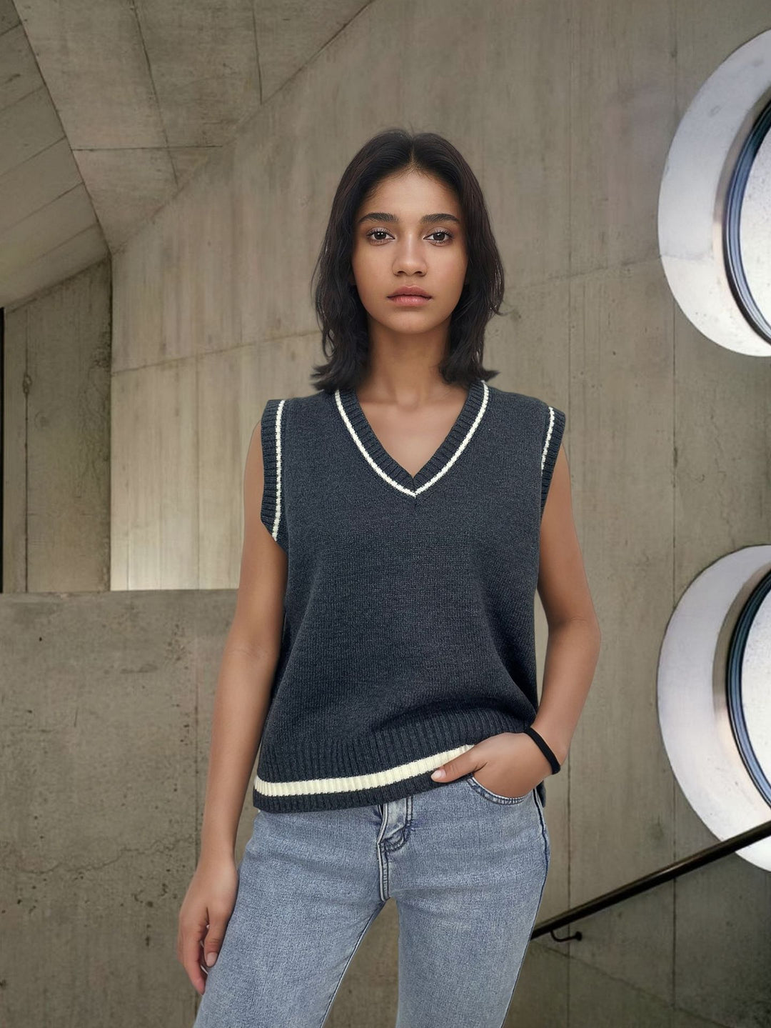 Women’s knitted top with V-neck and contrasting edges Lune London