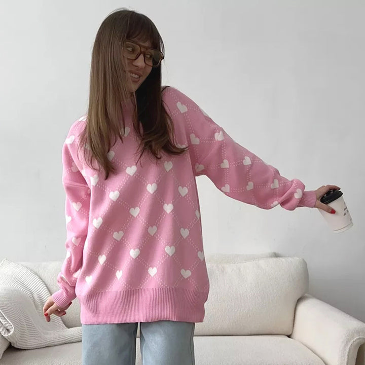 Ladies Knit Sweater with Heart Patterns and Casual Fit Lune London
