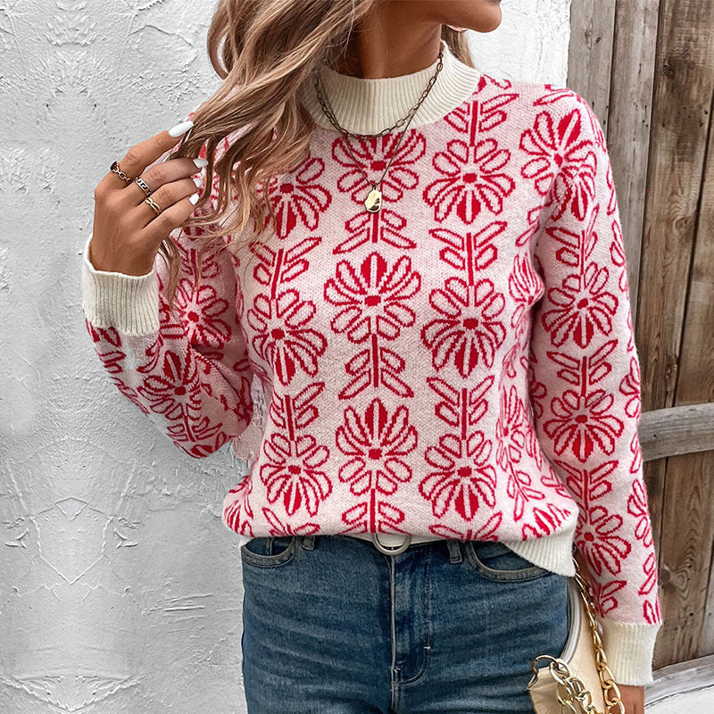 Knit sweater for women with floral patterns and an elegant high collar Lune London