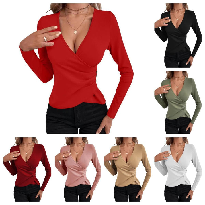 Wrap shirt for ladies with button details and plunging V-neck Lune London