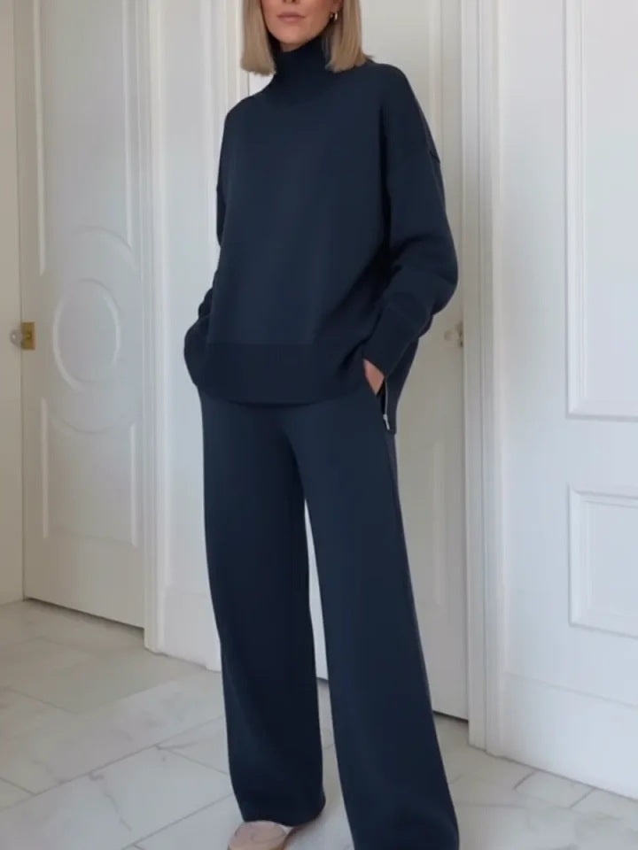 Ensemble de vêtements d'intérieur tricoté confortable pour femmes avec un sweat à col montant et un pantalon large Chic & Stil