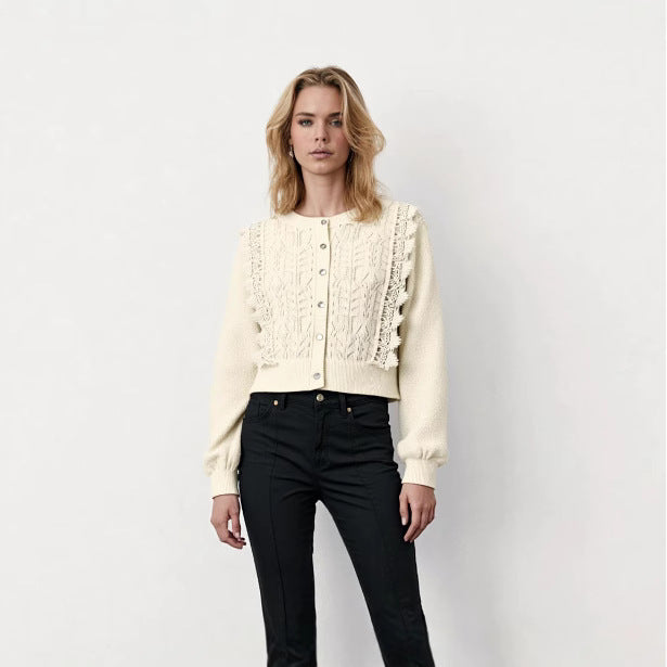 Knitted jacket for women with delicate crochet accents and a chic button placket