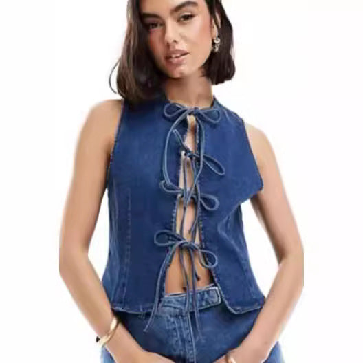Women's Denim Bustier Top with Playful Lacing Detail Lune London
