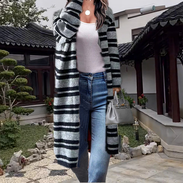 Ladies long knitted cardigan with striped design and open front Lune Londonl