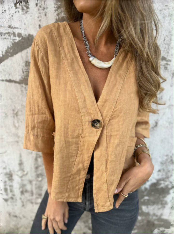 Lightweight linen jacket for women with three-quarter sleeves and Moon London button detail