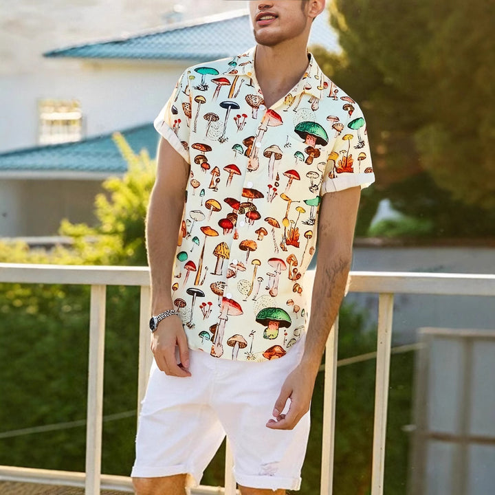 Short sleeve shirt for men with a colorful mushroom pattern and breathable cotton Lune London
