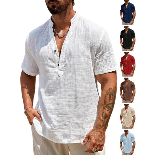 Men's short sleeve Henley shirt with modern stand-up collar in lightweight cotton material Lune London