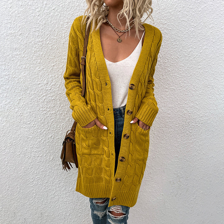 Women's cardigan with deep V-neck and elegant cable pattern Lune London