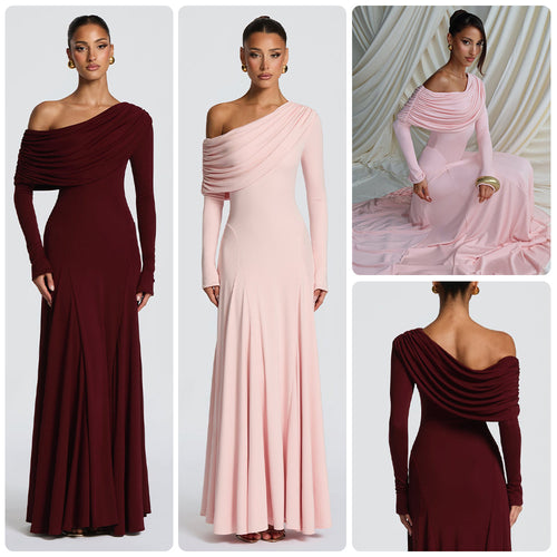 Women Elegant Long Sleeve Maxi Dress with Asymmetrical Draping Detail Lune London