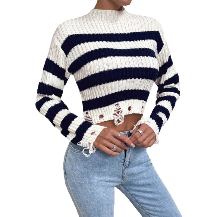 Ladies Cropped Sweater with stylish stripes and distressed details Lune London