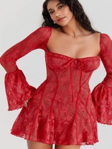 Lace cocktail dress for women with off-shoulder design and ruffle details Lune London