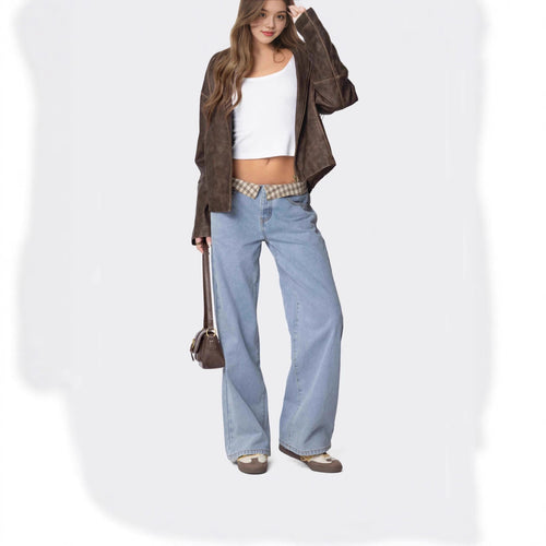 Ladies Wide Jeans with Checked Waist Lune London