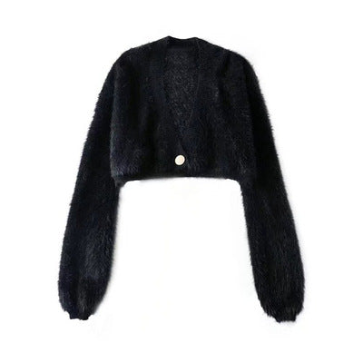 Short plush sweater for women with V-neck and button detail Lune London
