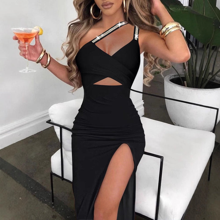 Women's Maxi Dress with Asymmetrical Cut and Elegant Sparkle Details Lune London