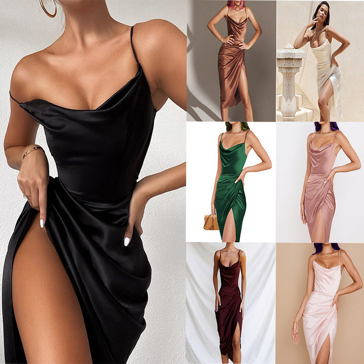 Elegant and fitted satin cocktail dress for ladies with a high slit Lune London
