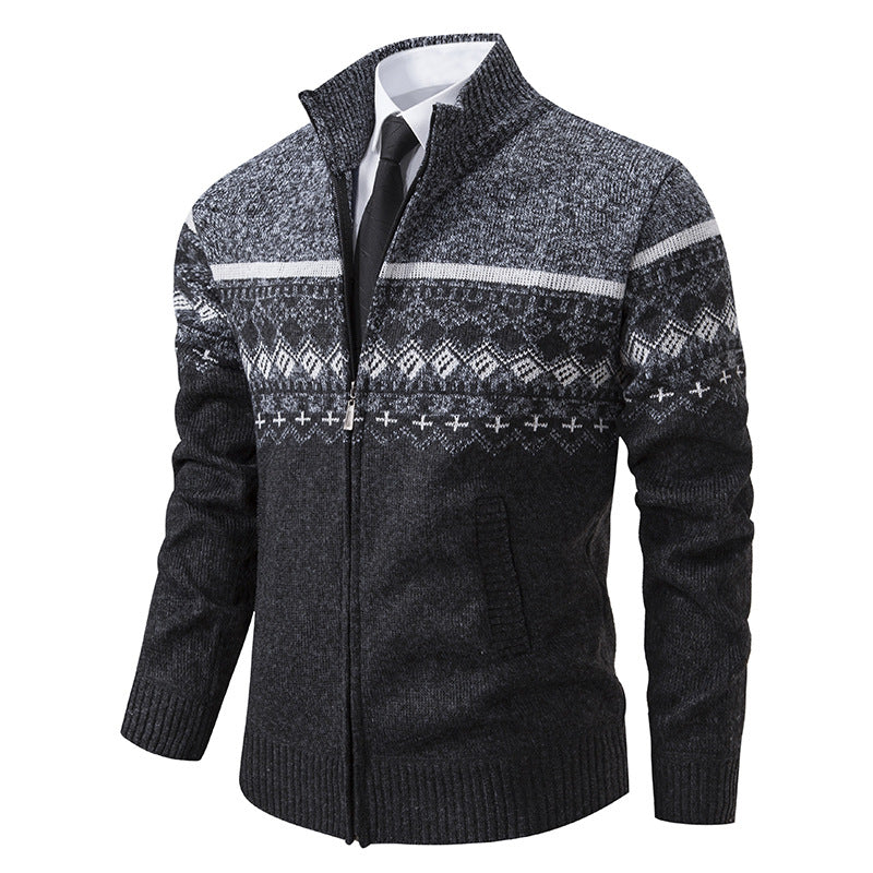 Men's Cardigan with Stand-Up Collar and Norwegian Pattern Lune London