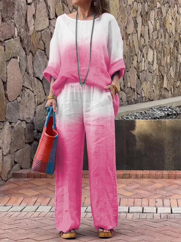 Casual linen outfit for women with wide pants and loose blouse Lune London