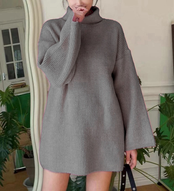 Ladies Long Knit Sweater with High Collar and Flared Sleeves Lune London