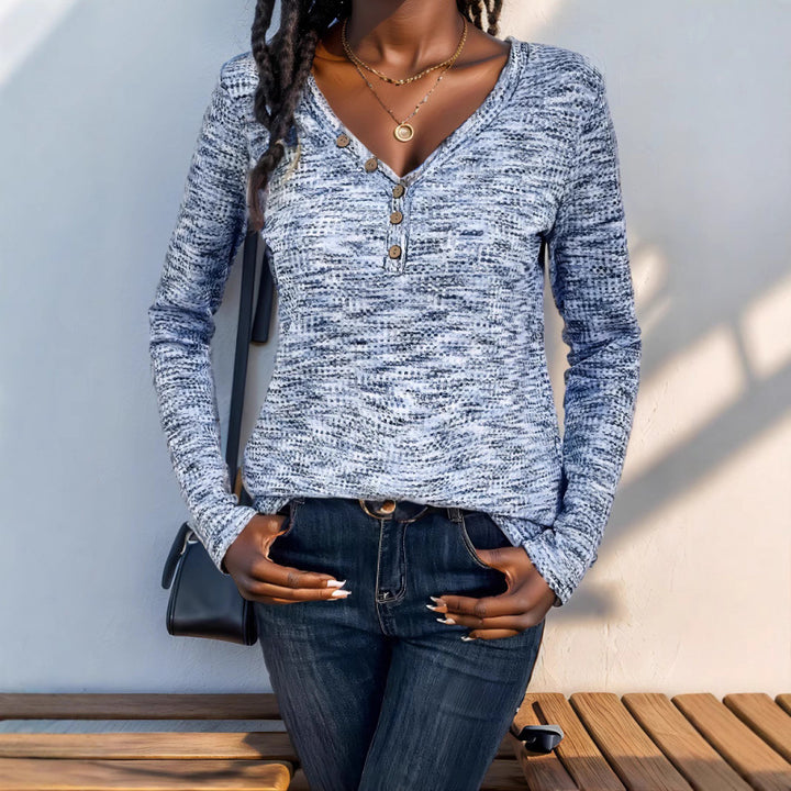 Casual waffle-textured top for women with decorative buttons Lune London