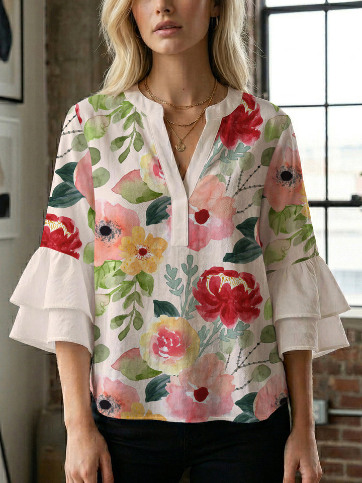 Ladies blouse with voluminous ruffled sleeves and floral print Lune London