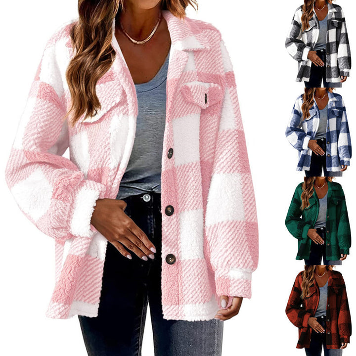 Ladies Plaid Plush Jacket with Snap Button Closure and Convenient Pockets Lune London