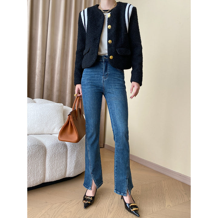Women's Boucle Jacket with Golden Buttons and Stripes Chic & Stil
