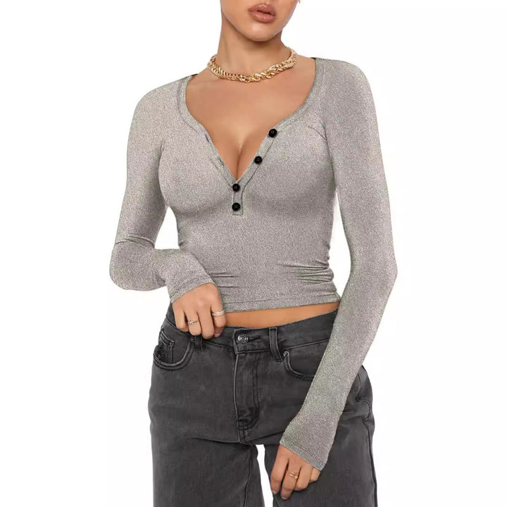Long sleeve women's t-shirt with V-neckline and button details Lune London