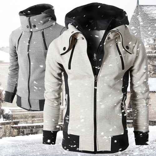 Innovative hooded jacket for men with contrasting inserts and strategic zippered pockets Lune London