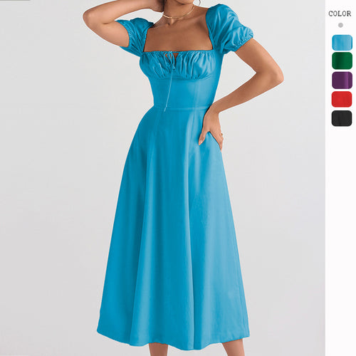 Elegant Midi Dress for Women with Puff Sleeves and Chic Refined Neckline & Style